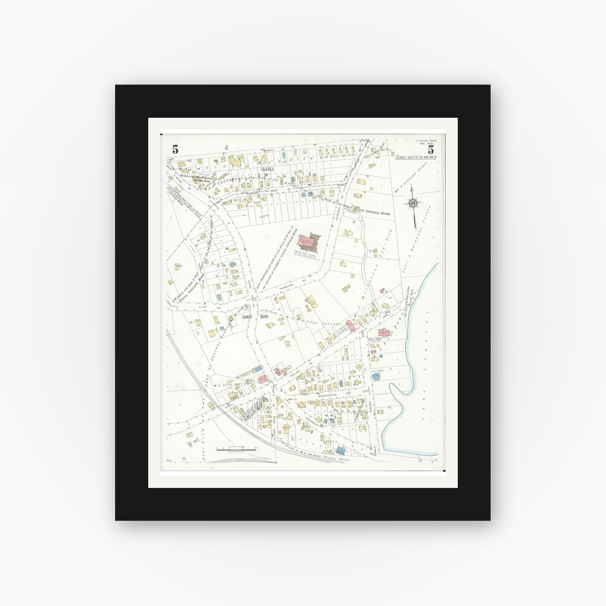 Old map wall art mockup — black gallery frame with white mat — Sanborn Fire Insurance Map from Cleves, Hamilton County, Ohio (1938), Sheet #0005