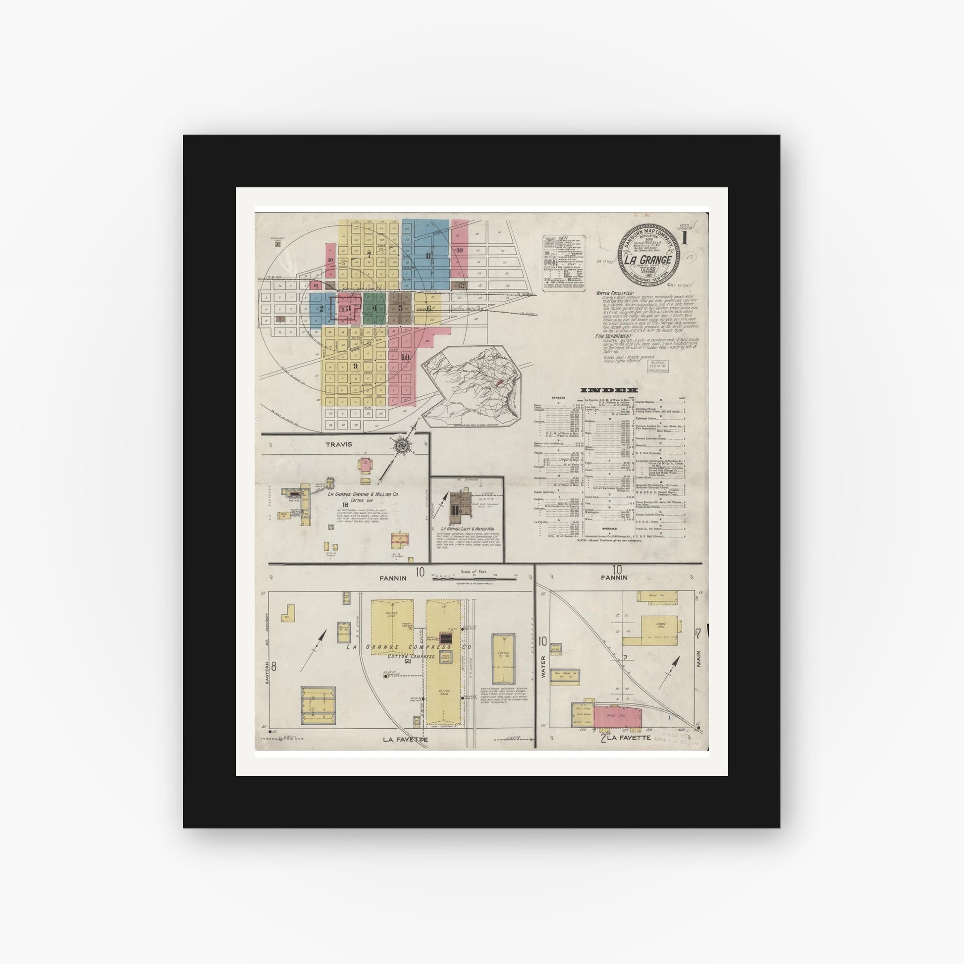Old map wall art mockup — black gallery frame with white mat — Sanborn Fire Insurance Map from La Grange, Fayette County, Texas (1921), Sheet #0001