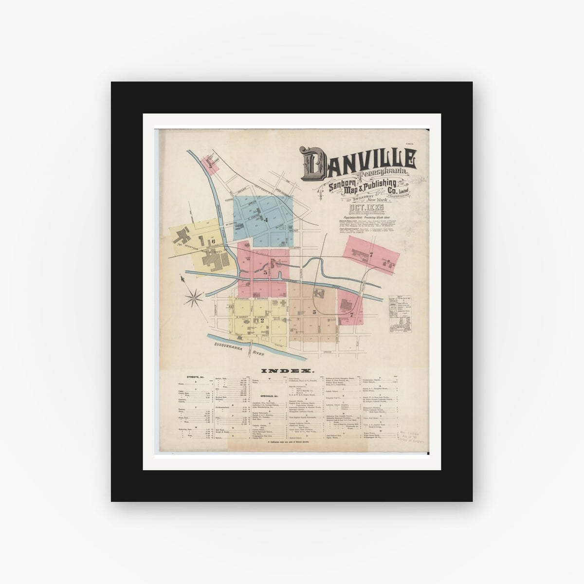 Old map wall art mockup — black gallery frame with white mat — Sanborn Fire Insurance Map from Danville, Montour County, Pennsylvania (1885) - Complete Map Set