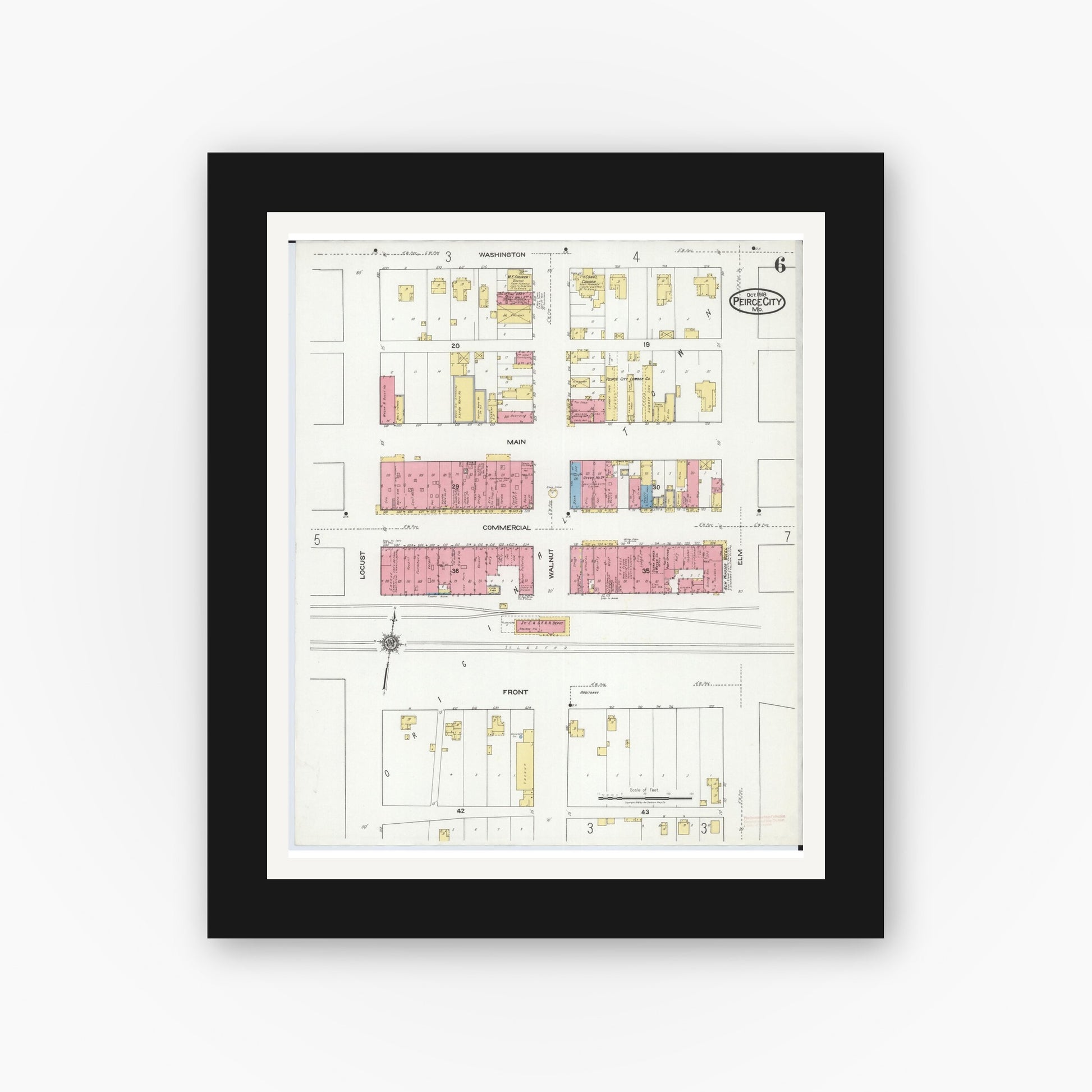 Old map wall art mockup — black gallery frame with white mat — Sanborn Fire Insurance Map from Pierce City, Lawrence County, Missouri (1918), Sheet #0006