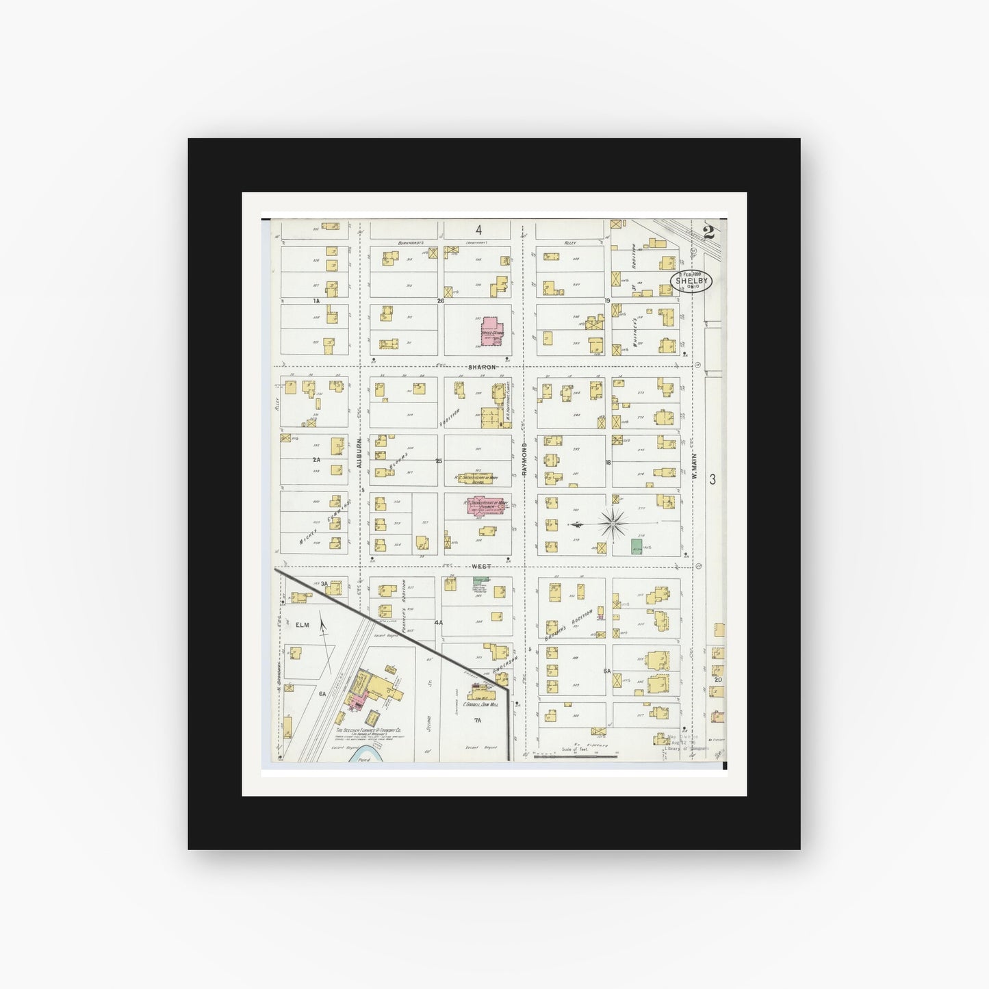 Old map wall art mockup — black gallery frame with white mat — Sanborn Fire Insurance Map from Shelby, Richland County, Ohio (1899), Sheet #0002