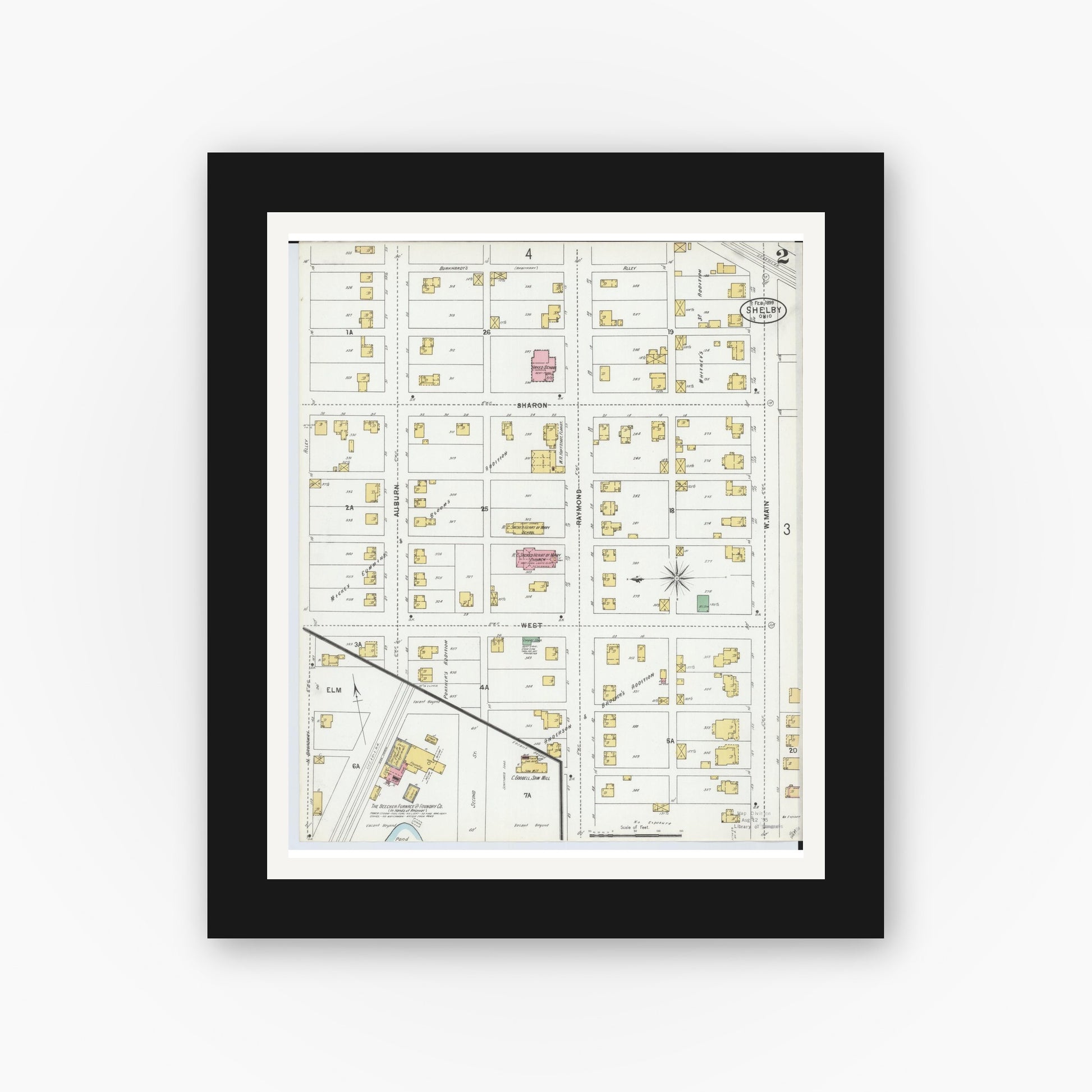 Old map wall art mockup — black gallery frame with white mat — Sanborn Fire Insurance Map from Shelby, Richland County, Ohio (1899), Sheet #0002
