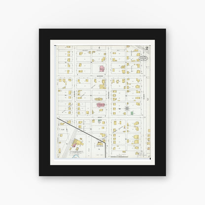 Old map wall art mockup — black gallery frame with white mat — Sanborn Fire Insurance Map from Shelby, Richland County, Ohio (1899), Sheet #0002