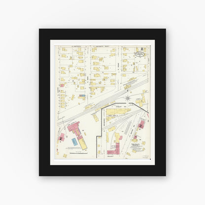 Old map wall art mockup — black gallery frame with white mat — Sanborn Fire Insurance Map from Auburn, De Kalb County, Indiana (1907), Sheet #0008
