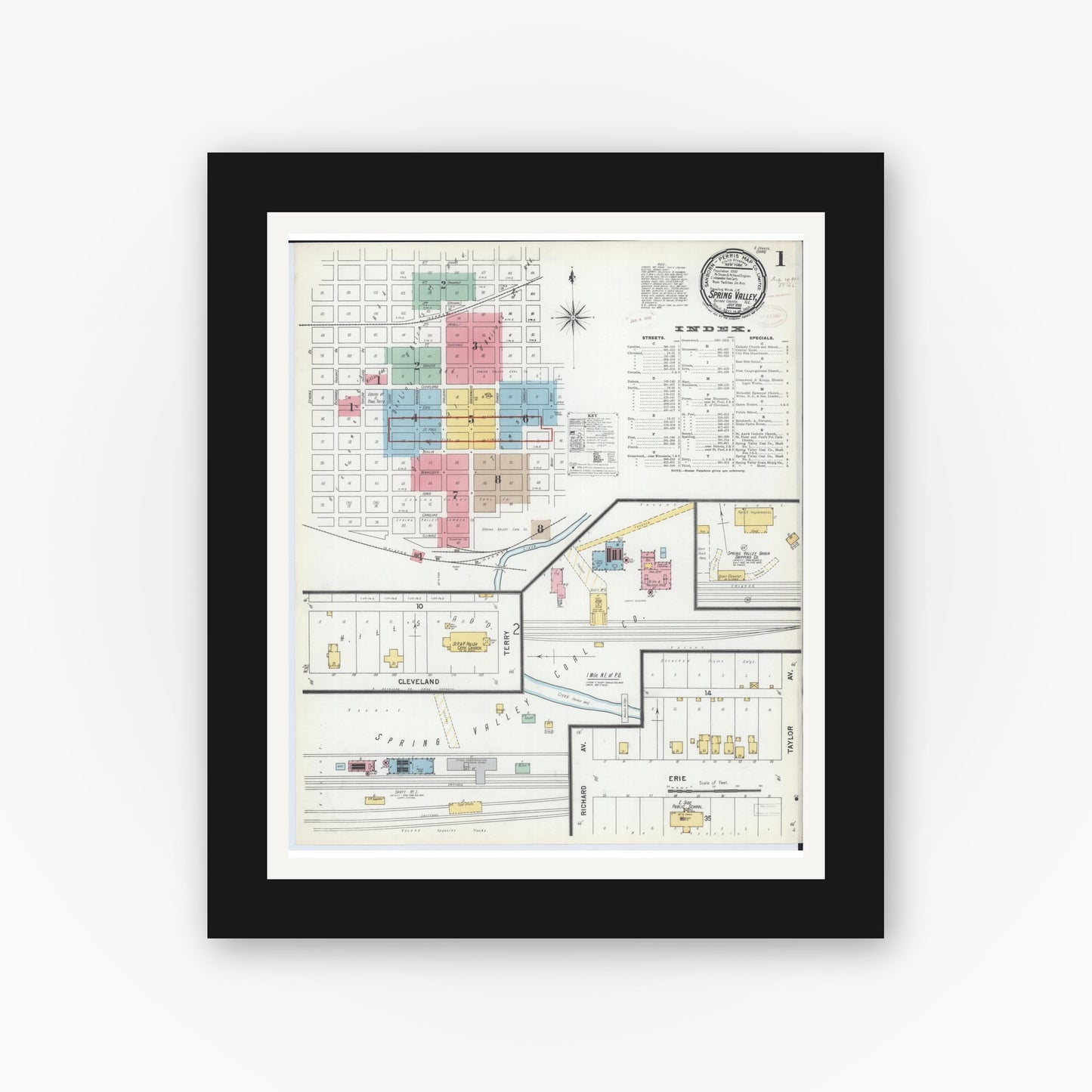 Old map wall art mockup — black gallery frame with white mat — Sanborn Fire Insurance Map from Spring Valley, Bureau County, Illinois (1899) - Complete Map Set