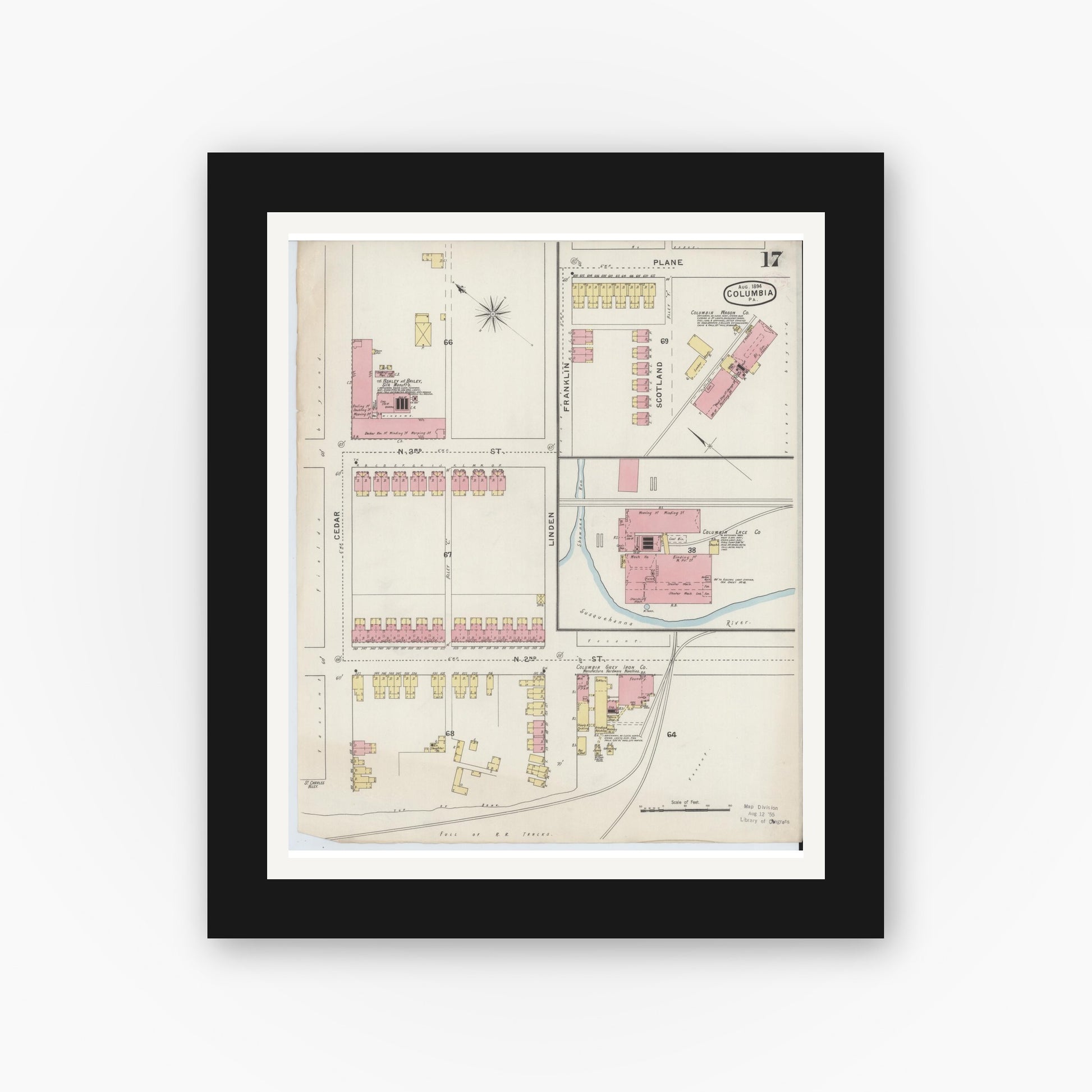 Old map wall art mockup — black gallery frame with white mat — Sanborn Fire Insurance Map from Columbia, Lancaster County, Pennsylvania (1894), Sheet #0017