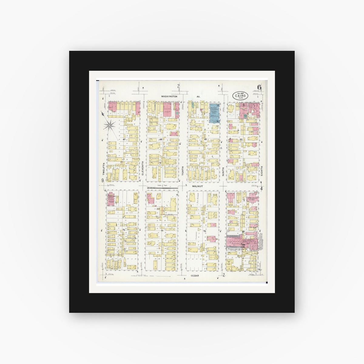 Old map wall art mockup — black gallery frame with white mat — Sanborn Fire Insurance Map from Cairo, Alexander County, Illinois (1907), Sheet #0006