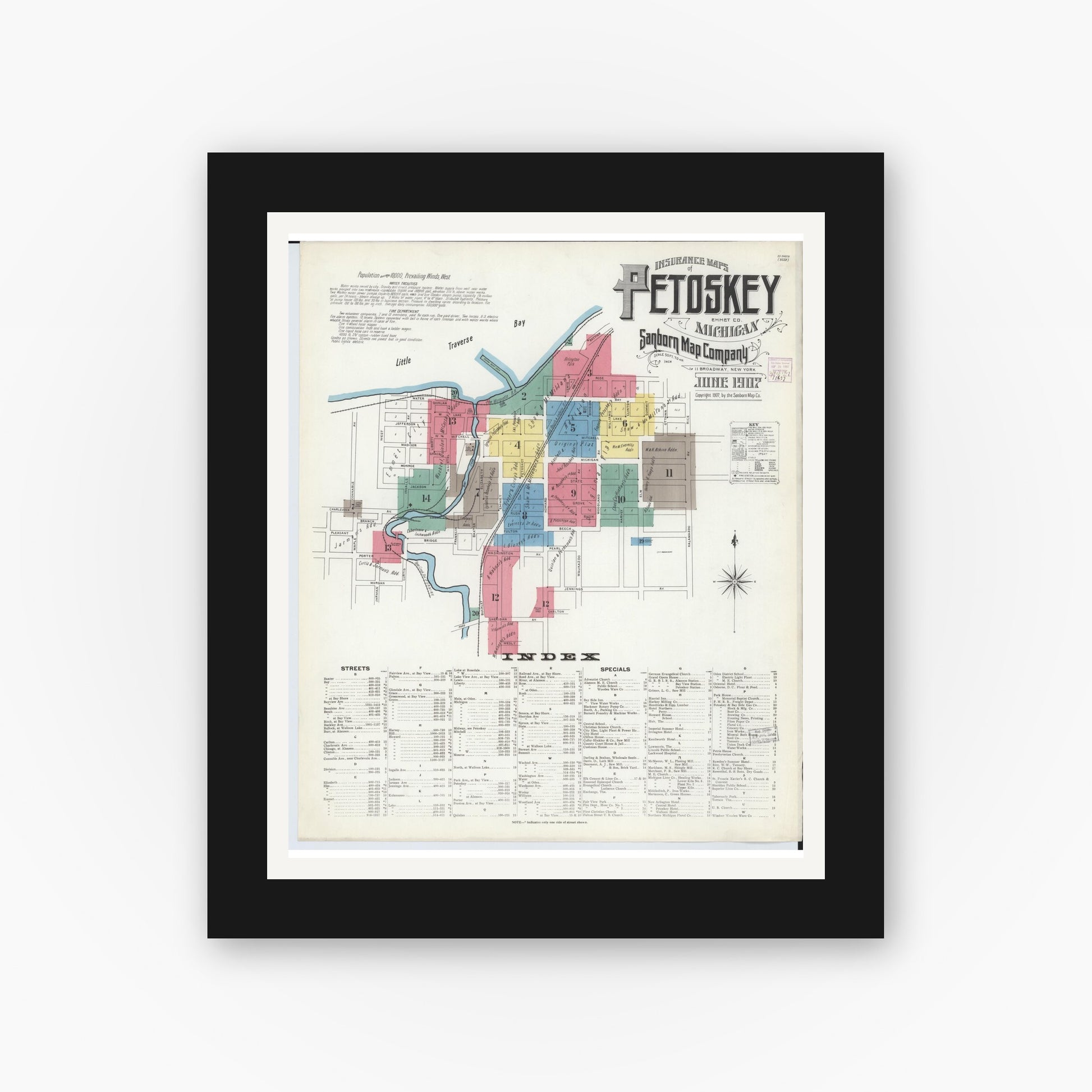 Old map wall art mockup — black gallery frame with white mat — Sanborn Fire Insurance Map from Petoskey, Emmet County, Michigan (1907) - Complete Map Set
