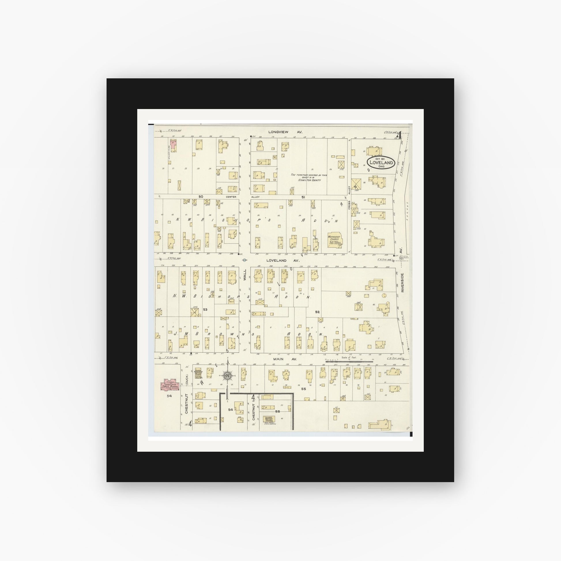 Old map wall art mockup — black gallery frame with white mat — Sanborn Fire Insurance Map from Loveland, Clermont, Hamilton, And Warren County, Ohio (1911), Sheet #0004