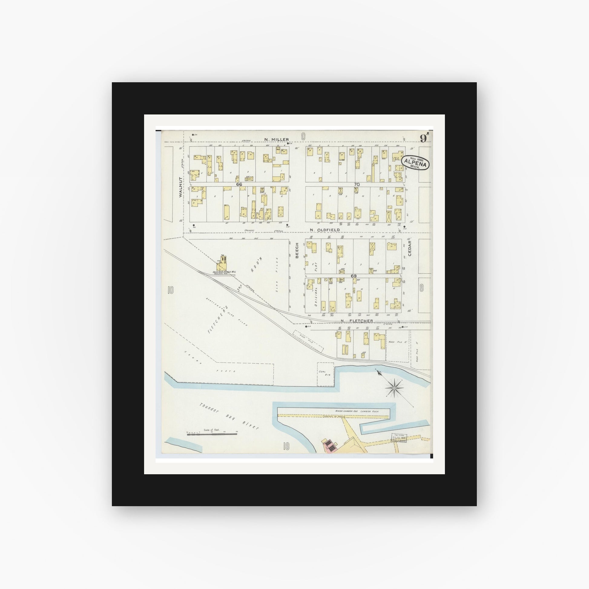 Old map wall art mockup — black gallery frame with white mat — Sanborn Fire Insurance Map from Alpena, Alpena County, Michigan (1895), Sheet #0009