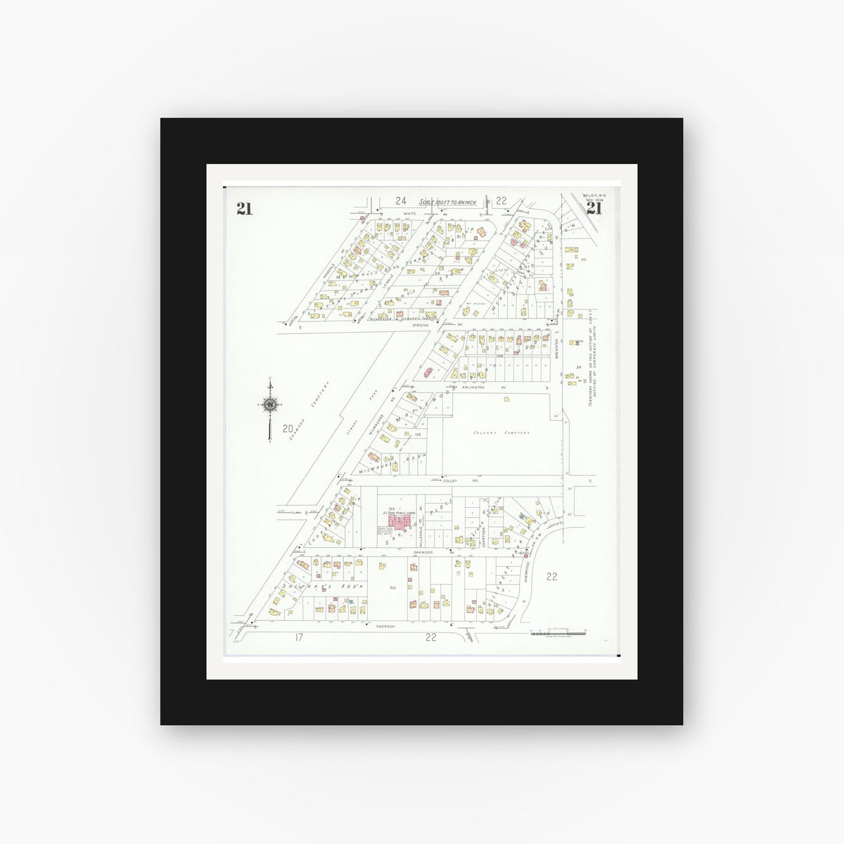 Old map wall art mockup — black gallery frame with white mat — Sanborn Fire Insurance Map from Beloit, Rock County, Wisconsin (1939), Sheet #0021