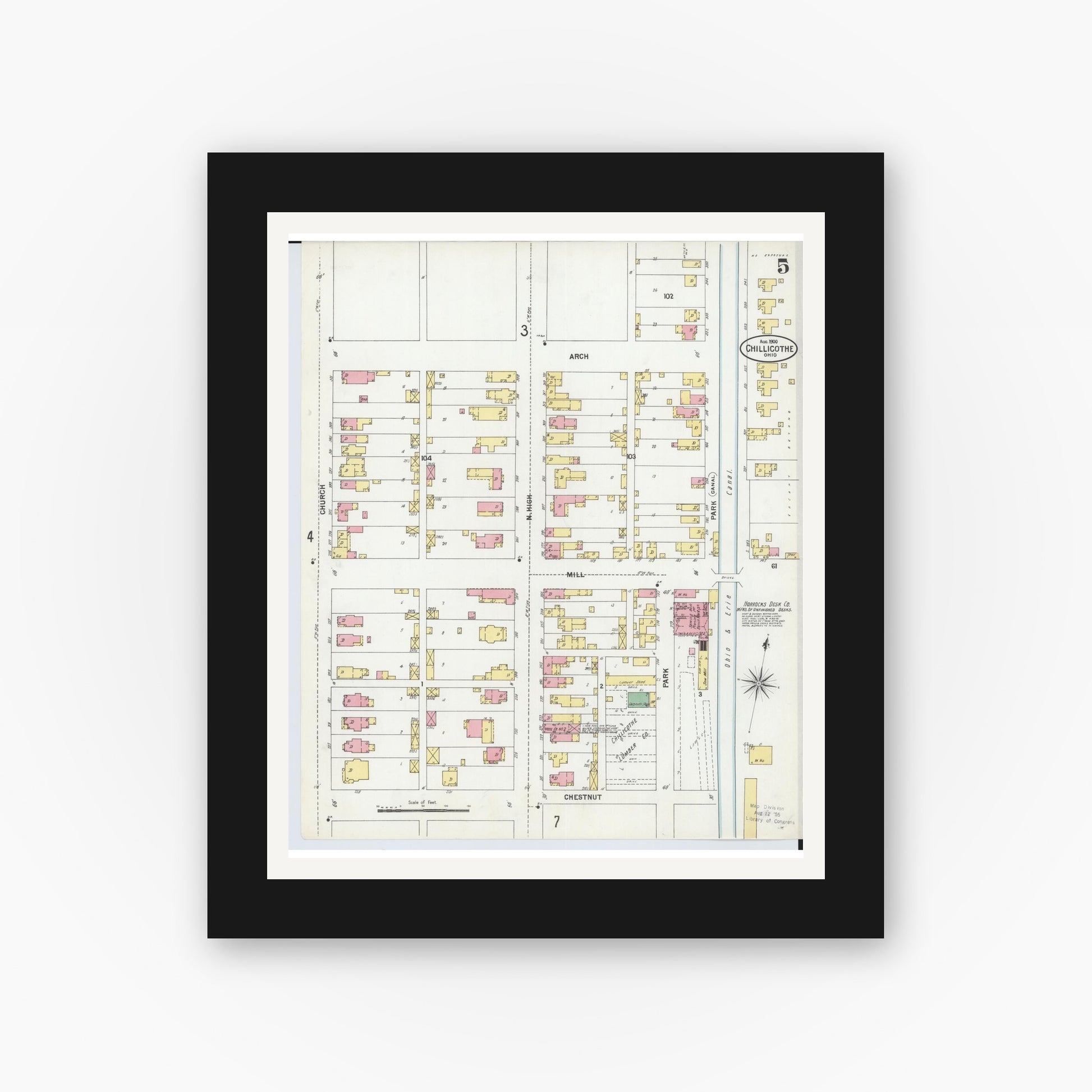 Old map wall art mockup — black gallery frame with white mat — Sanborn Fire Insurance Map from Chillicothe, Ross County, Ohio (1900), Sheet #0005