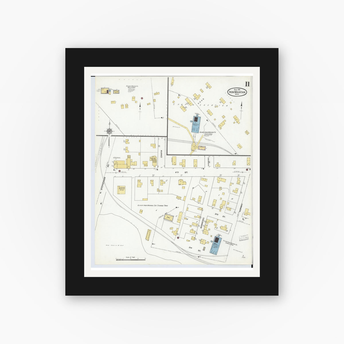 Old map wall art mockup — black gallery frame with white mat — Sanborn Fire Insurance Map from Iron Mountain, Dickinson County, Michigan (1911), Sheet #0011