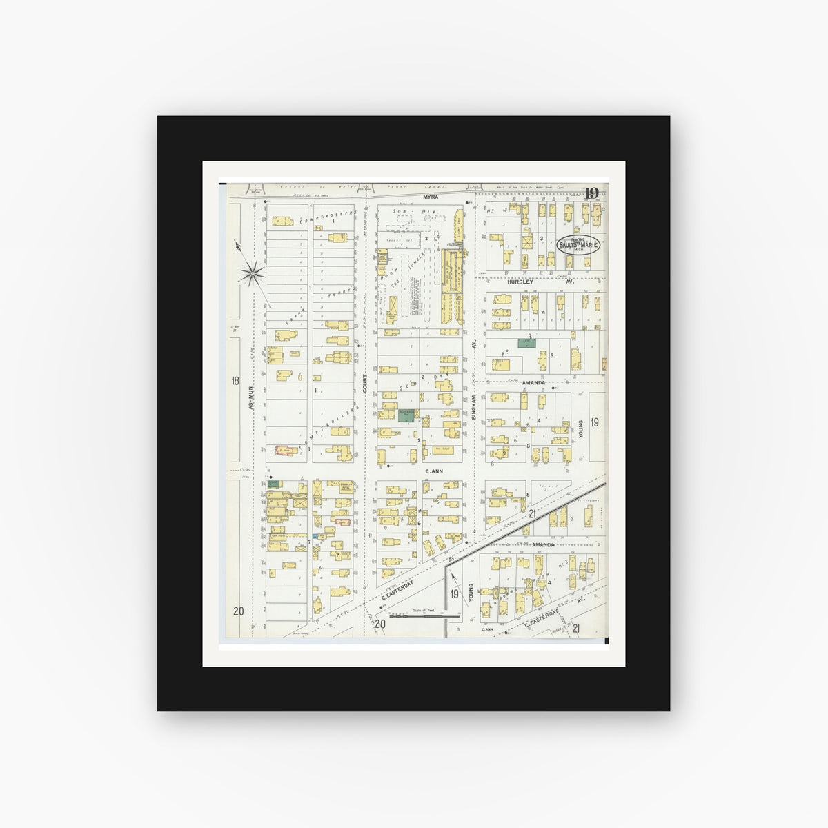 Old map wall art mockup — black gallery frame with white mat — Sanborn Fire Insurance Map from Sault Sainte Marie, Chippewa County, Michigan (1902), Sheet #0019