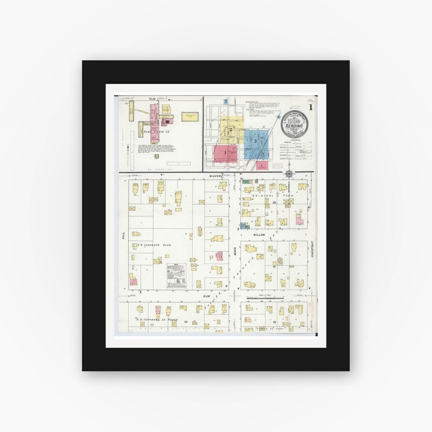 Old map wall art mockup — black gallery frame with white mat — Sanborn Fire Insurance Map from Reading, Hillsdale County, Michigan (1909) - Complete Map Set