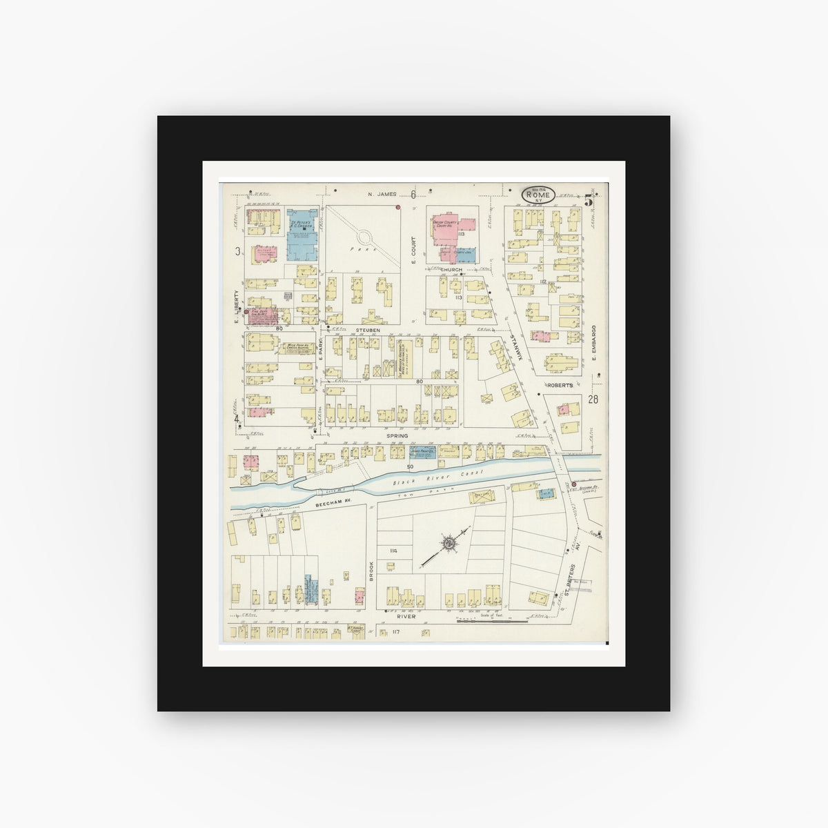 Old map wall art mockup — black gallery frame with white mat — Sanborn Fire Insurance Map from Rome, Oneida County, New York (1914), Sheet #0005