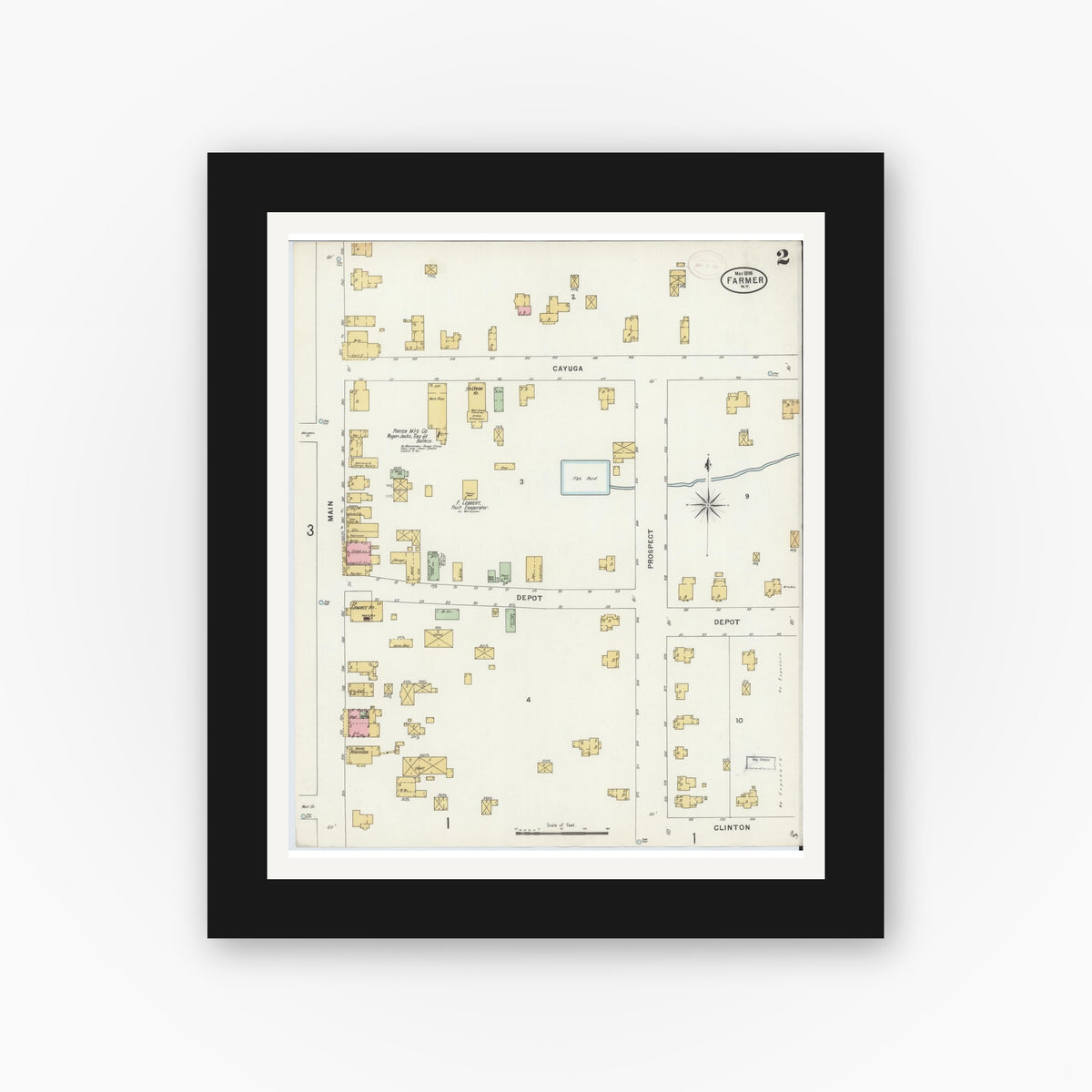 Old map wall art mockup — black gallery frame with white mat — Sanborn Fire Insurance Map from Farmer, Seneca County, New York (1898), Sheet #0002