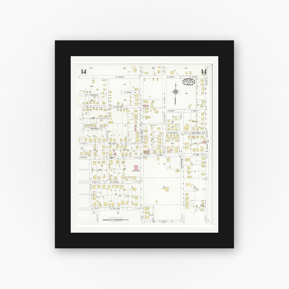Old map wall art mockup — black gallery frame with white mat — Sanborn Fire Insurance Map from Tyler, Smith County, Texas (1928), Sheet #0014