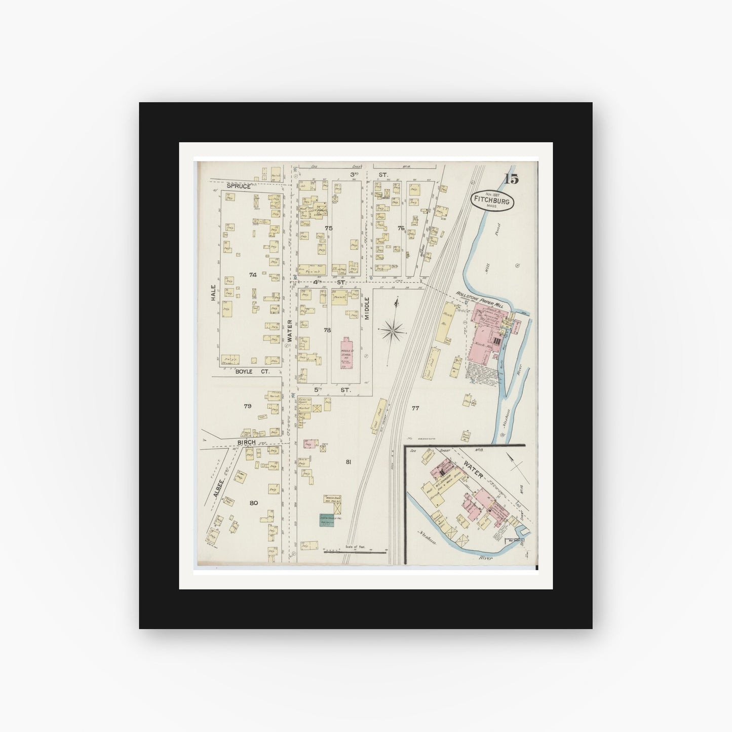 Old map wall art mockup — black gallery frame with white mat — Sanborn Fire Insurance Map from Fitchburg, Worcester County, Massachusetts (1887), Sheet #0015