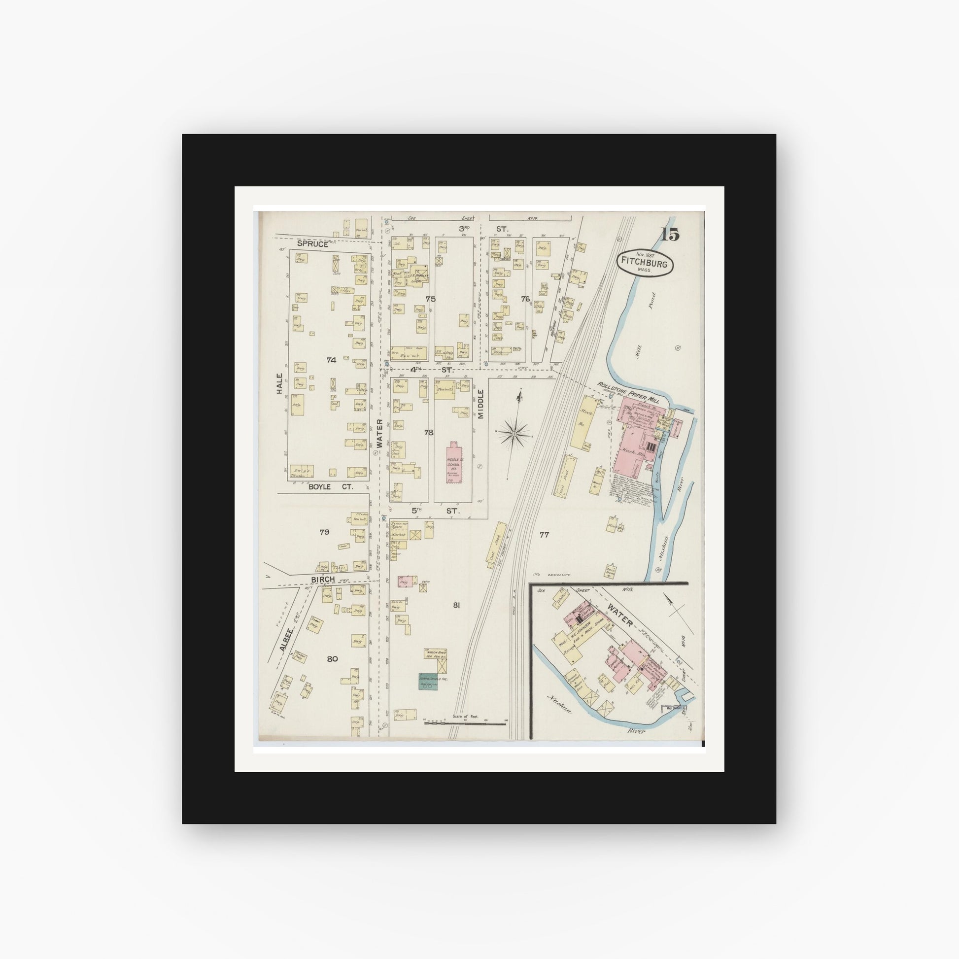 Old map wall art mockup — black gallery frame with white mat — Sanborn Fire Insurance Map from Fitchburg, Worcester County, Massachusetts (1887), Sheet #0015
