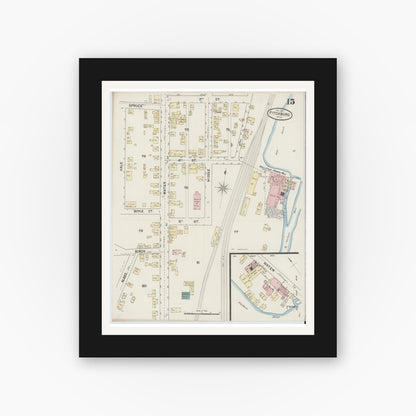 Old map wall art mockup — black gallery frame with white mat — Sanborn Fire Insurance Map from Fitchburg, Worcester County, Massachusetts (1887), Sheet #0015