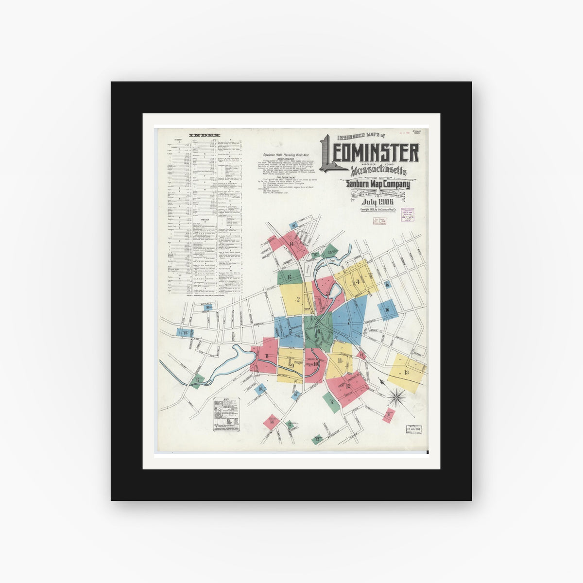 Old map wall art mockup — black gallery frame with white mat — Sanborn Fire Insurance Map from Leominster, Worcester County, Massachusetts (1906) - Complete Map Set