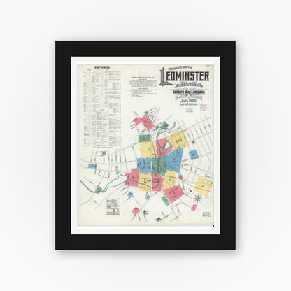 Old map wall art mockup — black gallery frame with white mat — Sanborn Fire Insurance Map from Leominster, Worcester County, Massachusetts (1906) - Complete Map Set
