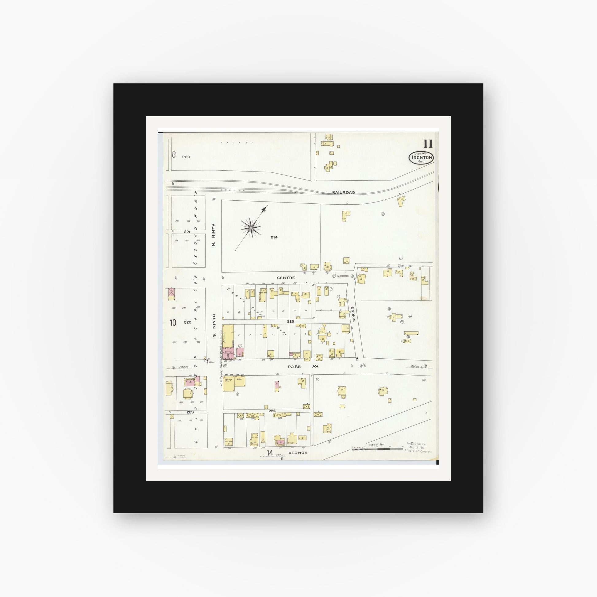 Old map wall art mockup — black gallery frame with white mat — Sanborn Fire Insurance Map from Ironton, Lawrence County, Ohio (1909), Sheet #0011
