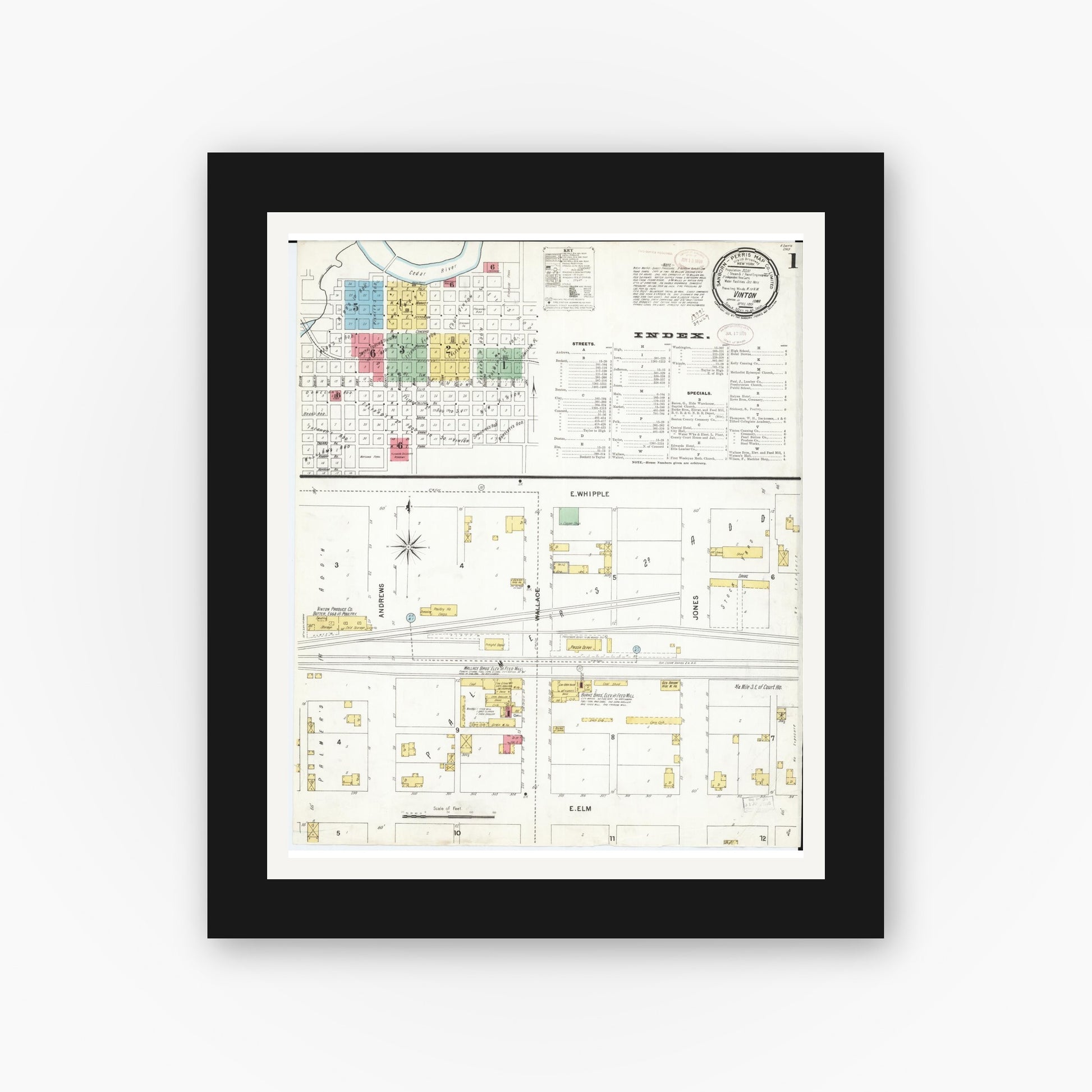 Old map wall art mockup — black gallery frame with white mat — Sanborn Fire Insurance Map from Vinton, Benton County, Iowa (1899), Sheet #0001
