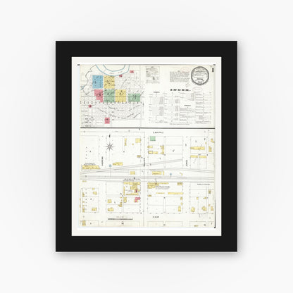 Old map wall art mockup — black gallery frame with white mat — Sanborn Fire Insurance Map from Vinton, Benton County, Iowa (1899), Sheet #0001