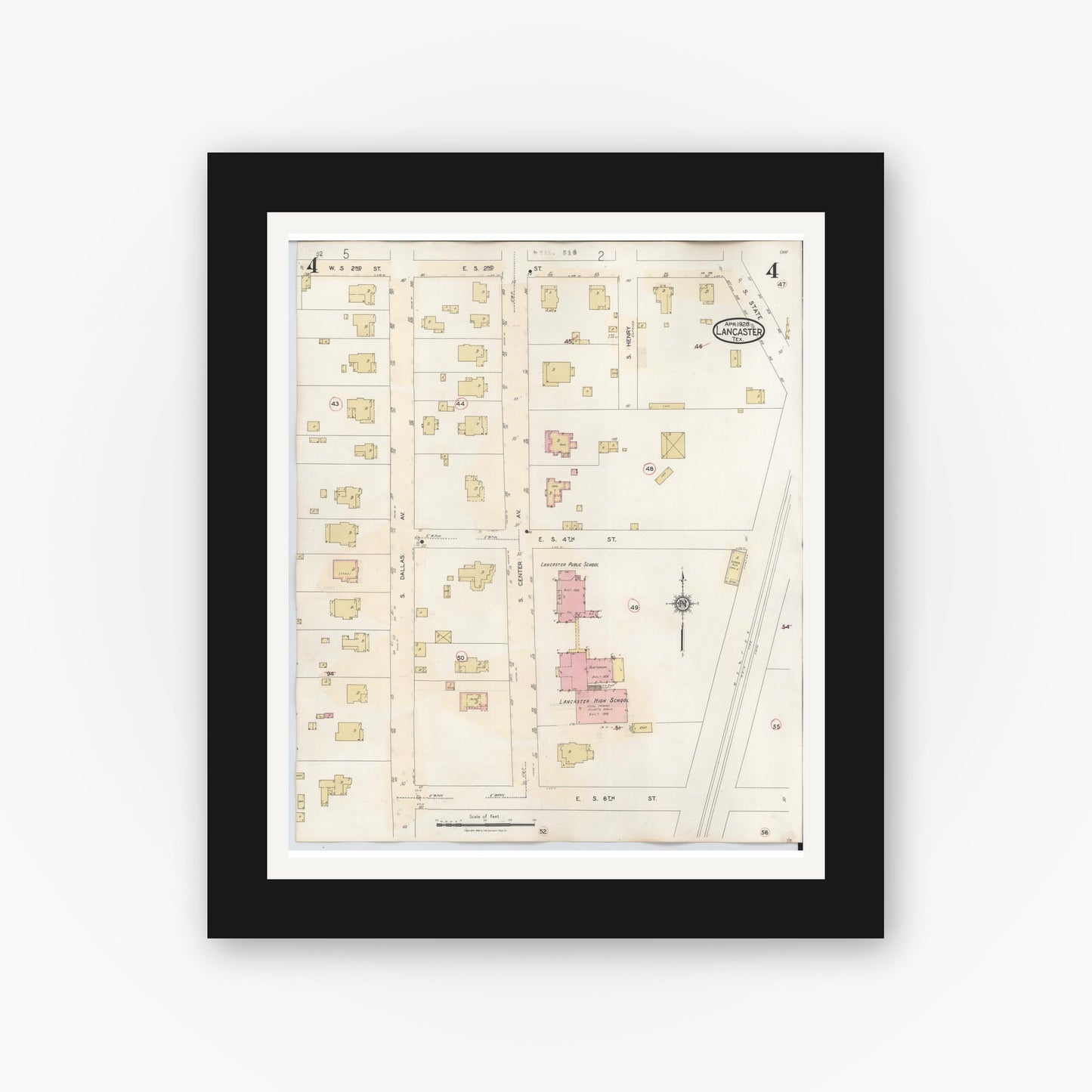 Old map wall art mockup — black gallery frame with white mat — Sanborn Fire Insurance Map from Lancaster, Dallas County, Texas (1939), Sheet #0004