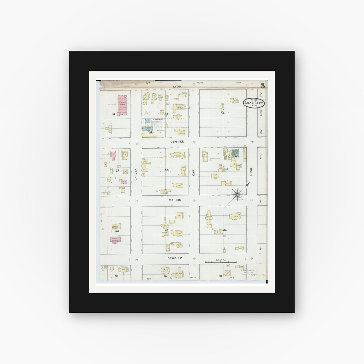 Old map wall art mockup — black gallery frame with white mat — Sanborn Fire Insurance Map from Lake City, Wabasha County, Minnesota (1891), Sheet #0005