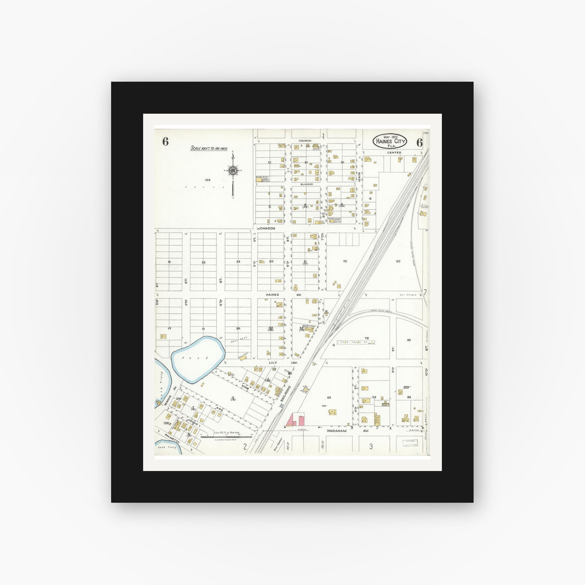 Old map wall art mockup — black gallery frame with white mat — Sanborn Fire Insurance Map from Haines City, Polk County, Florida (1923), Sheet #0006