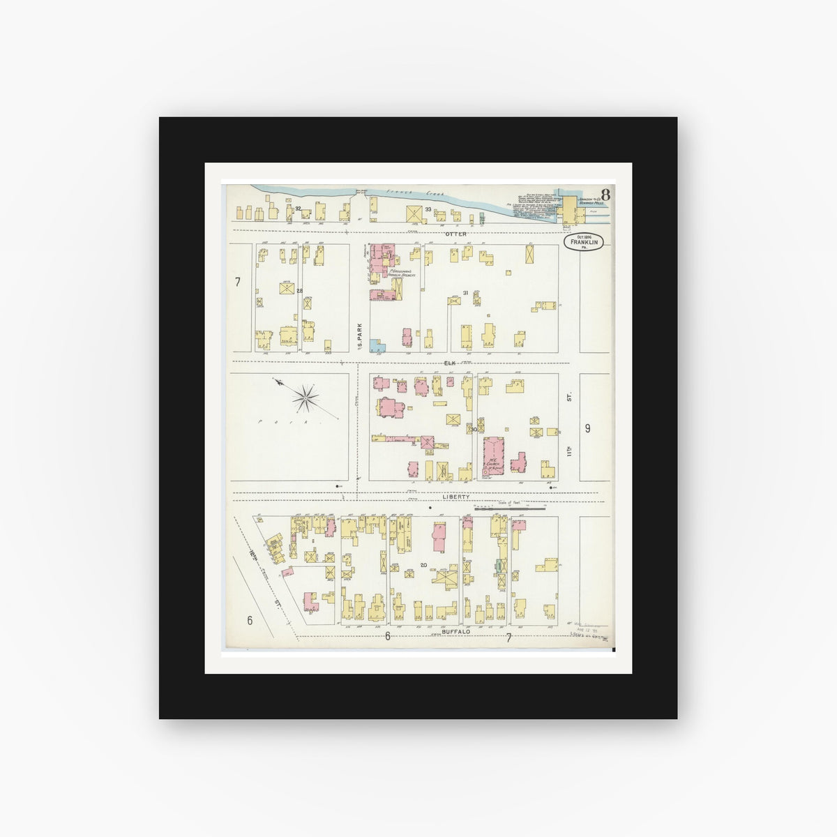 Old map wall art mockup — black gallery frame with white mat — Sanborn Fire Insurance Map from Franklin, Venango County, Pennsylvania (1896), Sheet #0008