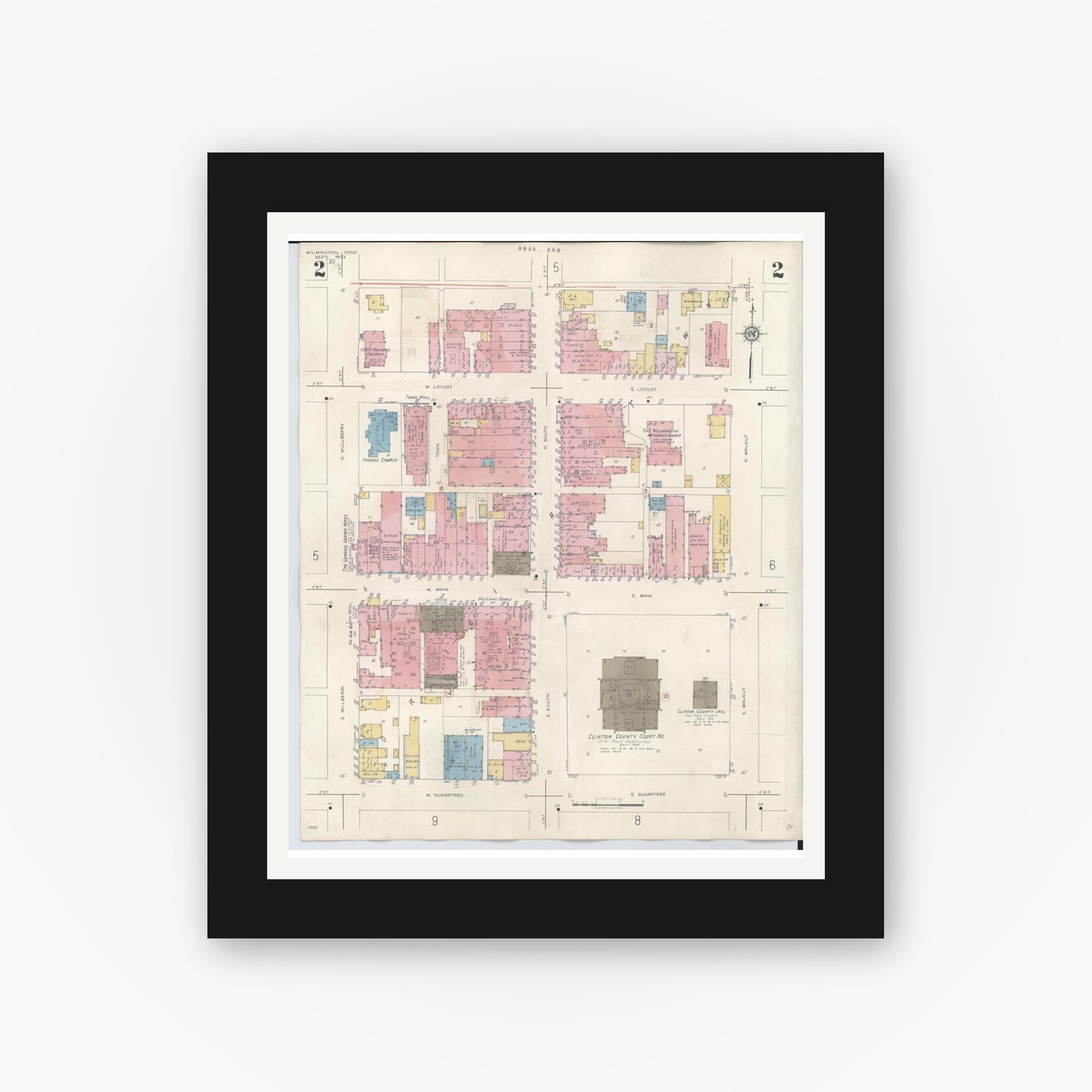 Old map wall art mockup — black gallery frame with white mat — Sanborn Fire Insurance Map from Wilmington, Clinton County, Ohio (1949), Sheet #0002