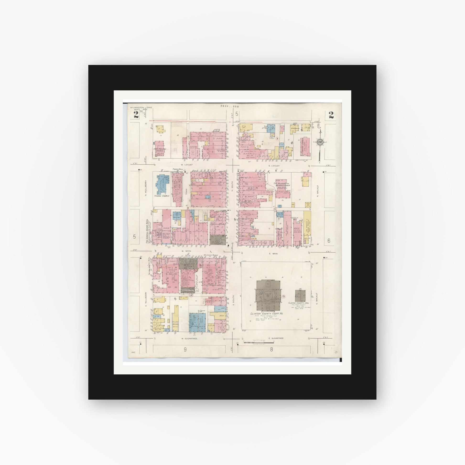 Old map wall art mockup — black gallery frame with white mat — Sanborn Fire Insurance Map from Wilmington, Clinton County, Ohio (1949), Sheet #0002