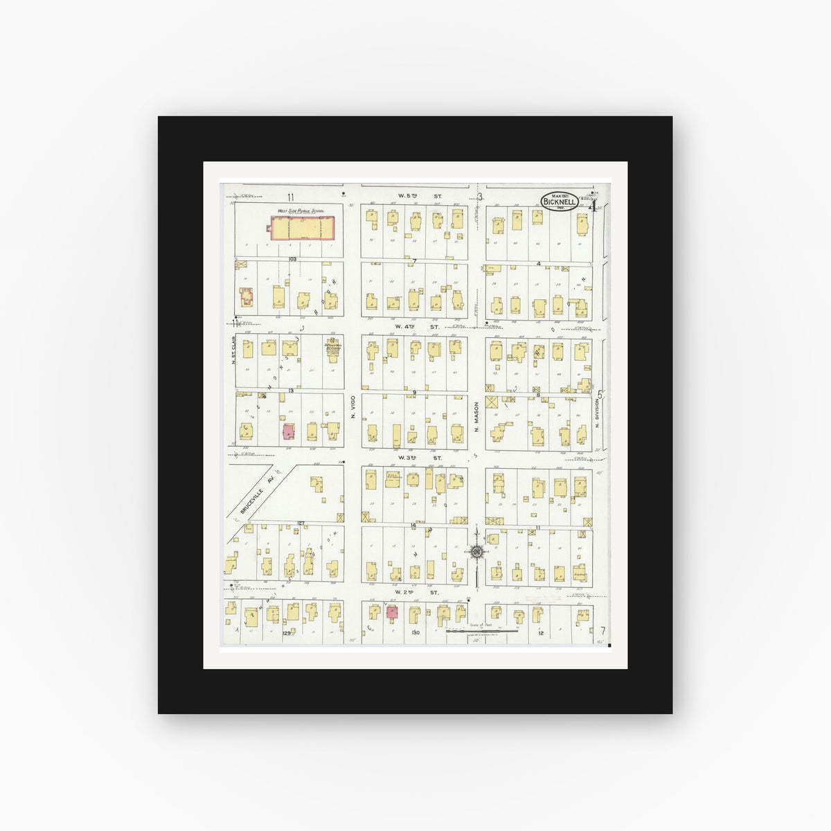 Old map wall art mockup — black gallery frame with white mat — Sanborn Fire Insurance Map from Bicknell, Knox County, Indiana (1921), Sheet #0004
