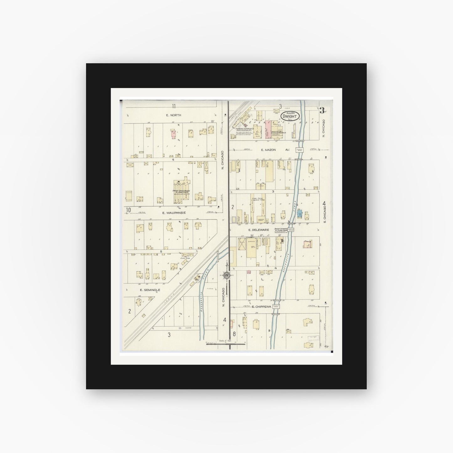 Old map wall art mockup — black gallery frame with white mat — Sanborn Fire Insurance Map from Dwight, Livingston County, Illinois (1914), Sheet #0003
