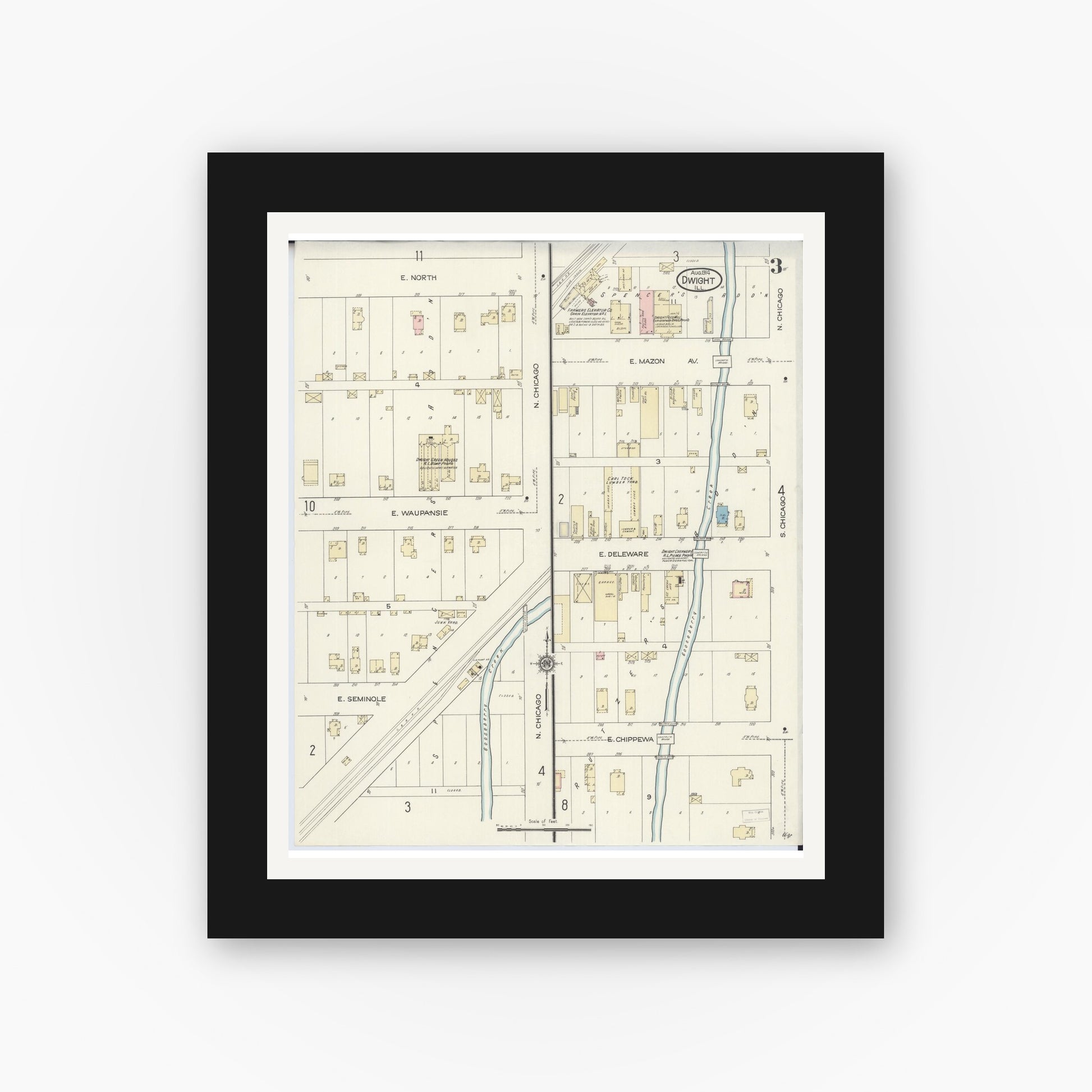 Old map wall art mockup — black gallery frame with white mat — Sanborn Fire Insurance Map from Dwight, Livingston County, Illinois (1914), Sheet #0003