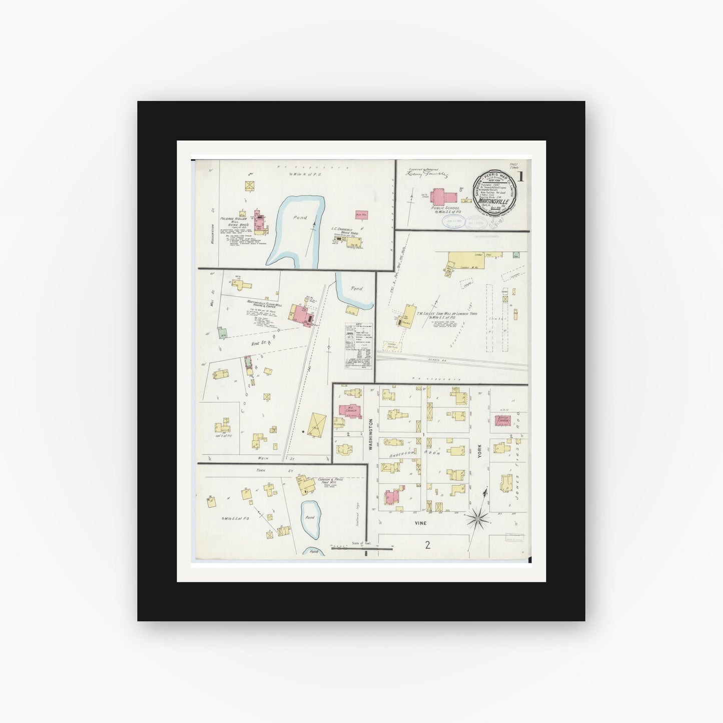 Old map wall art mockup — black gallery frame with white mat — Sanborn Fire Insurance Map from Martinsville, Clark County, Illinois (1898), Sheet #0001