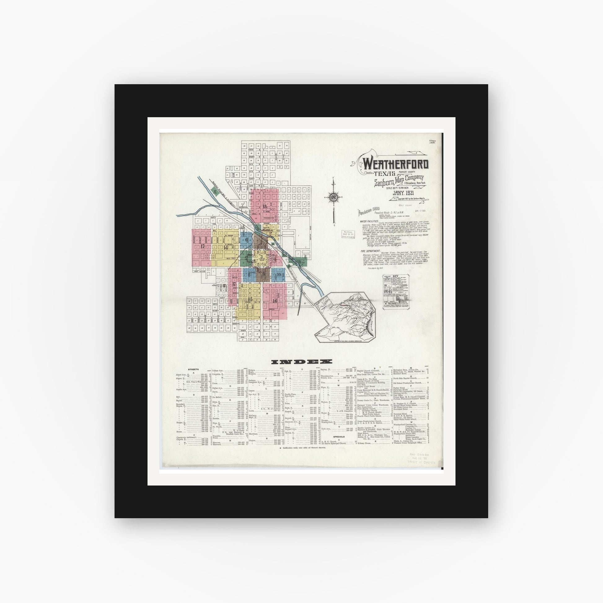 Old map wall art mockup — black gallery frame with white mat — Sanborn Fire Insurance Map from Weatherford, Parker County, Texas (1921), Sheet #0001