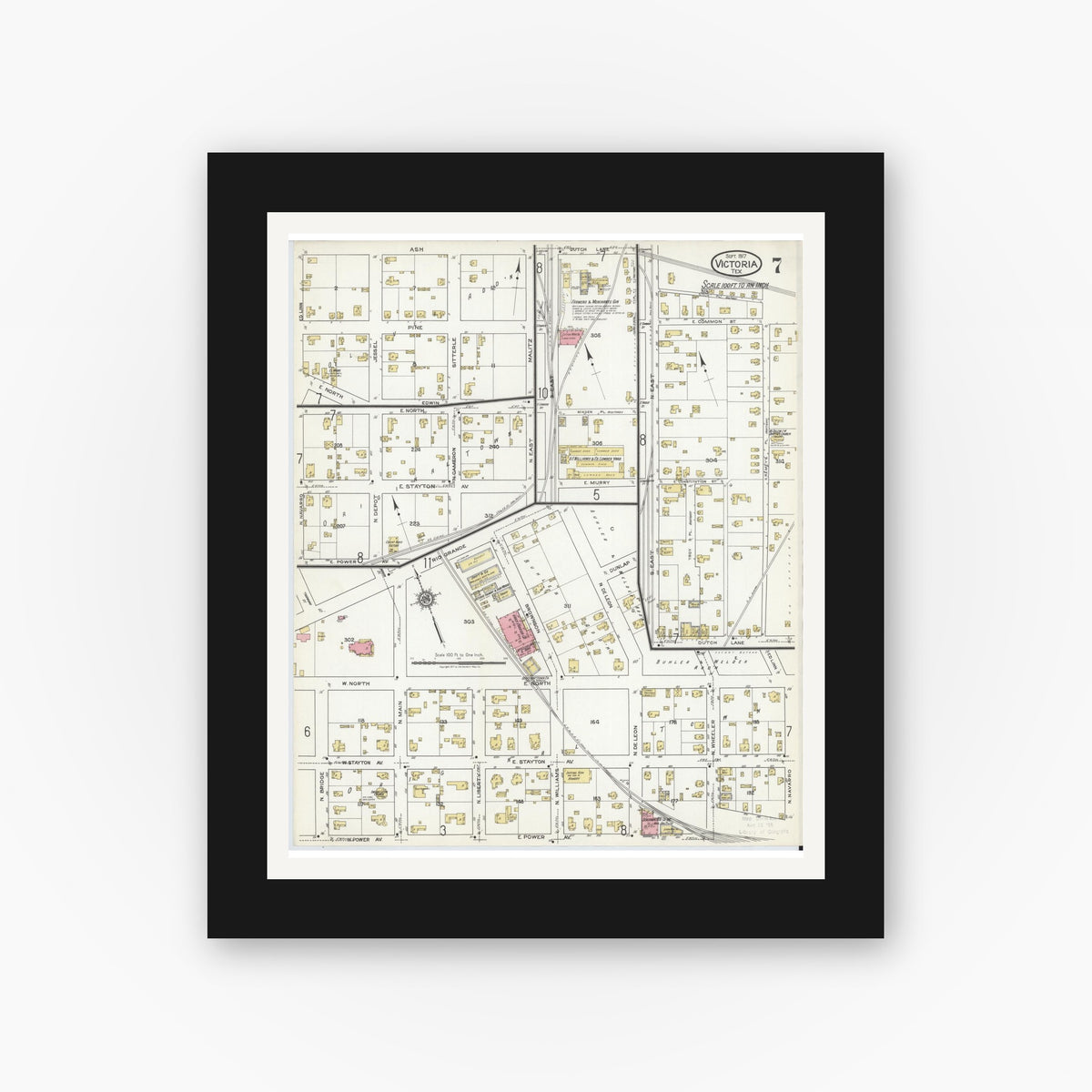 Old map wall art mockup — black gallery frame with white mat — Sanborn Fire Insurance Map from Victoria, Victoria County, Texas (1917), Sheet #0007