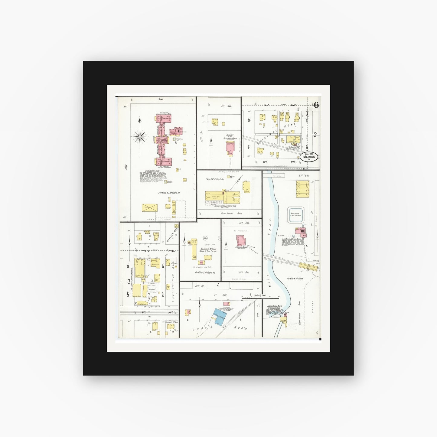 Old map wall art mockup — black gallery frame with white mat — Sanborn Fire Insurance Map from Marion, Linn County, Iowa (1899), Sheet #0006