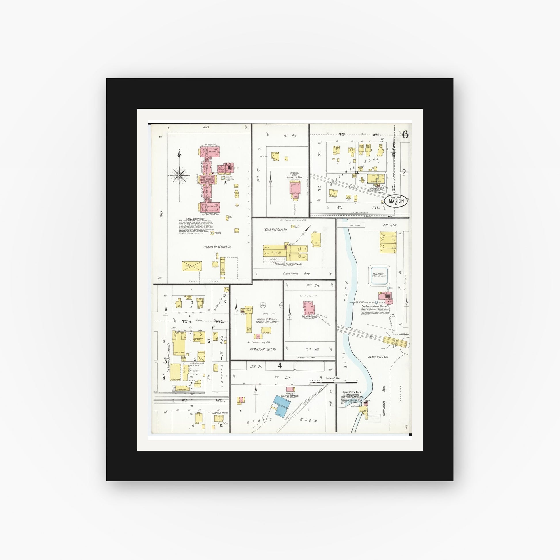Old map wall art mockup — black gallery frame with white mat — Sanborn Fire Insurance Map from Marion, Linn County, Iowa (1899), Sheet #0006
