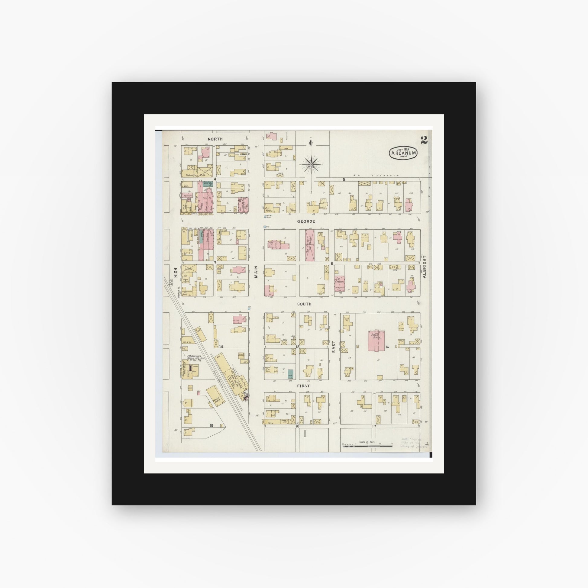 Old map wall art mockup — black gallery frame with white mat — Sanborn Fire Insurance Map from Arcanum, Darke County, Ohio (1895), Sheet #0002