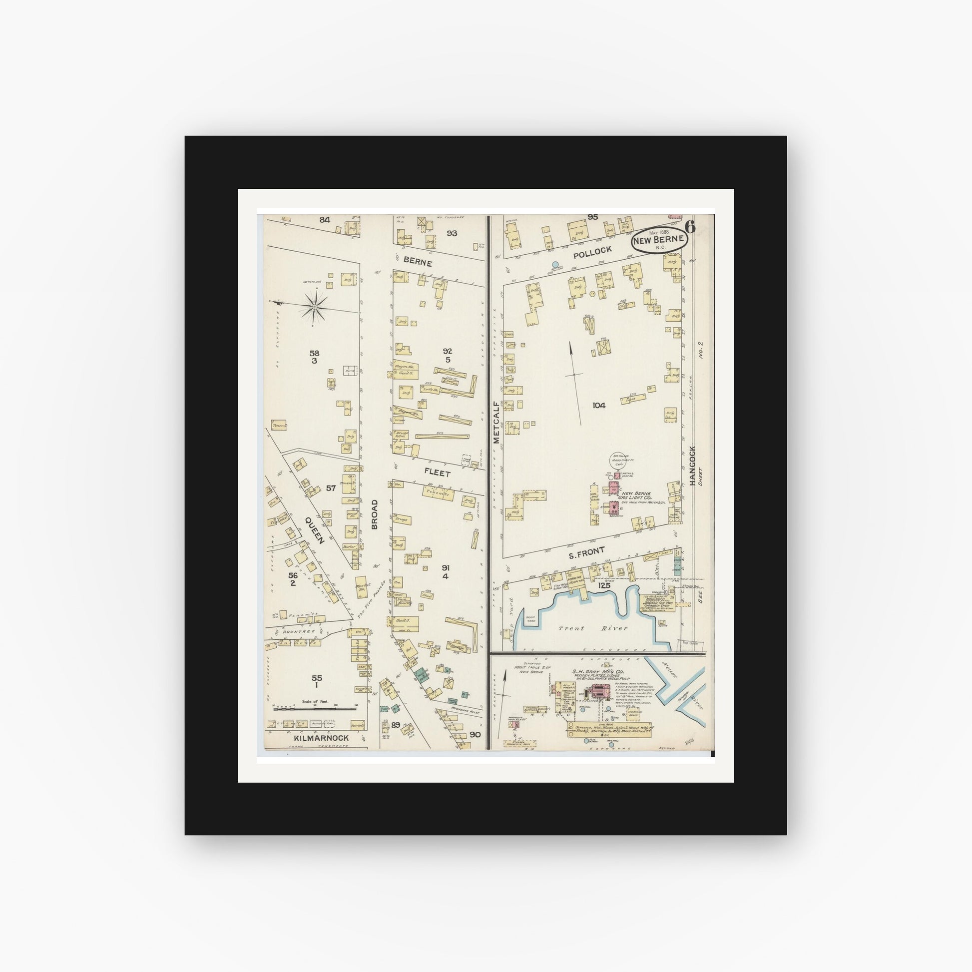 Old map wall art mockup — black gallery frame with white mat — Sanborn Fire Insurance Map from New Bern, Craven County, North Carolina (1888), Sheet #0006