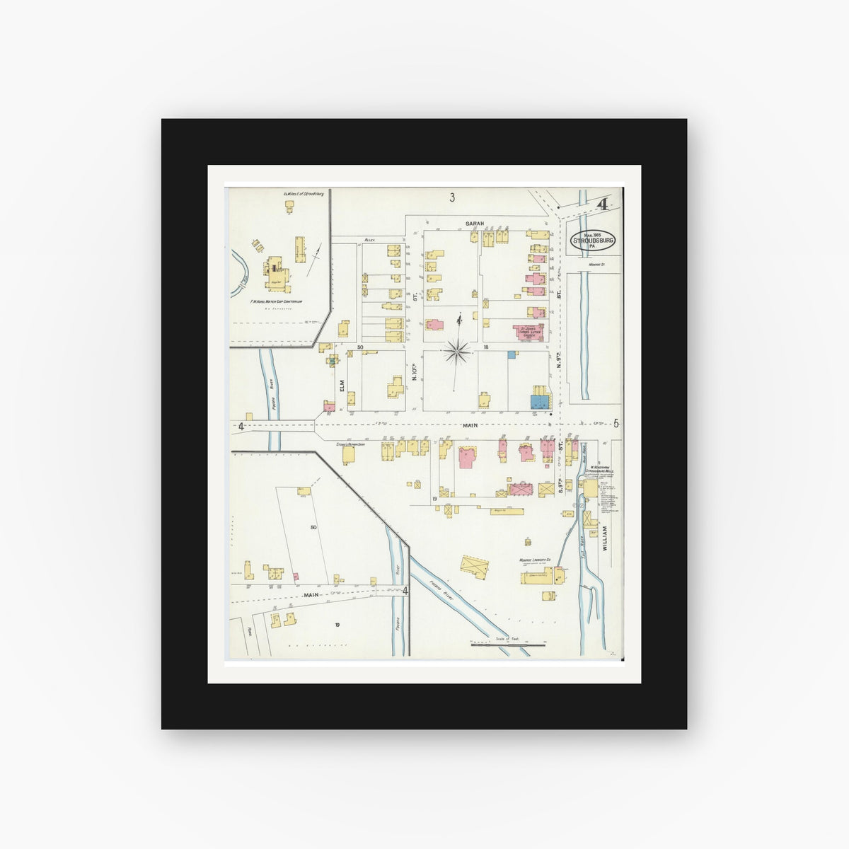 Old map wall art mockup — black gallery frame with white mat — Sanborn Fire Insurance Map from Stroudsburg, Monroe County, Pennsylvania (1905), Sheet #0004