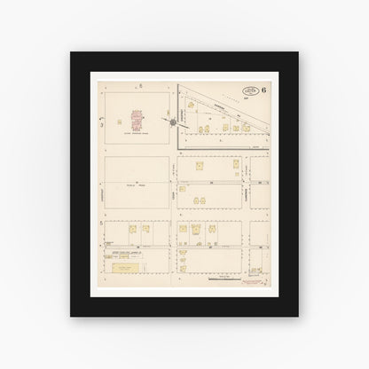Old map wall art mockup — black gallery frame with white mat — Sanborn Fire Insurance Map from Exeter, Tulare County, California (1912), Sheet #0006