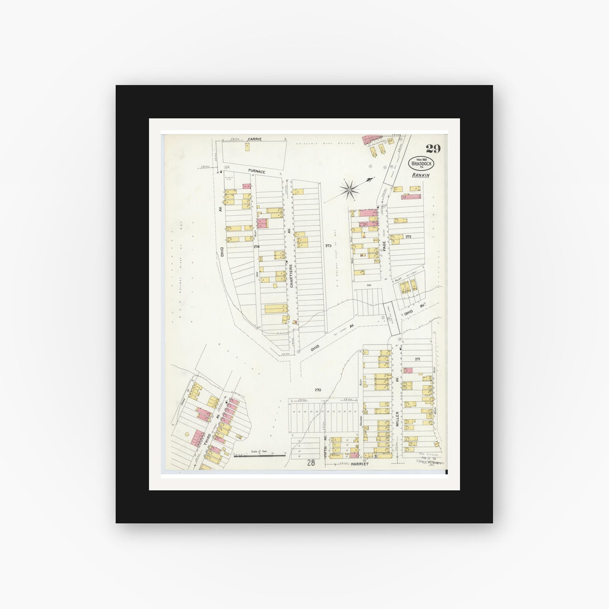 Old map wall art mockup — black gallery frame with white mat — Sanborn Fire Insurance Map from Braddock, Allegheny County, Pennsylvania (1908), Sheet #0029