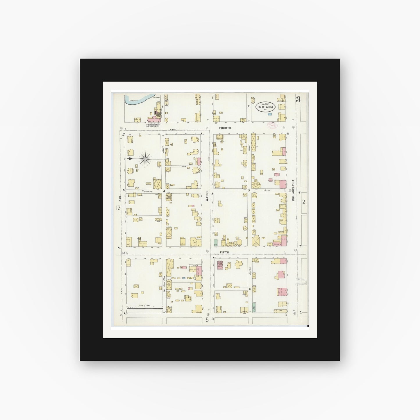 Old map wall art mockup — black gallery frame with white mat — Sanborn Fire Insurance Map from Indiana, Indiana County, Pennsylvania (1888), Sheet #0003